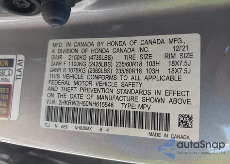 2022 Honda Cr-V Ex from USA, damaged, VIN 2HKRW2H50NH615546